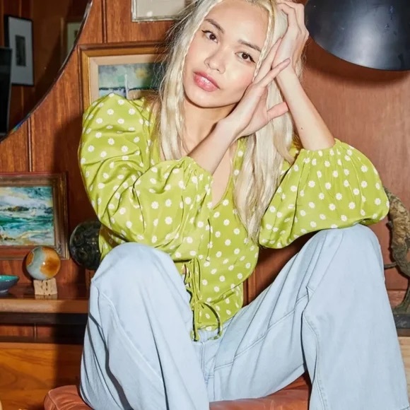 NEW Levi's Embry Tie Front Shirt Green Floral Puff Balloon Sleeve Blouse Size XS - Picture 4 of 13